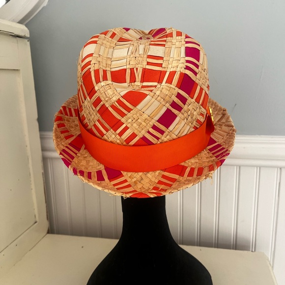 Jonathan Adler Straw Ribbon Orange and Pink Fedora Hat - Picture 4 of 10